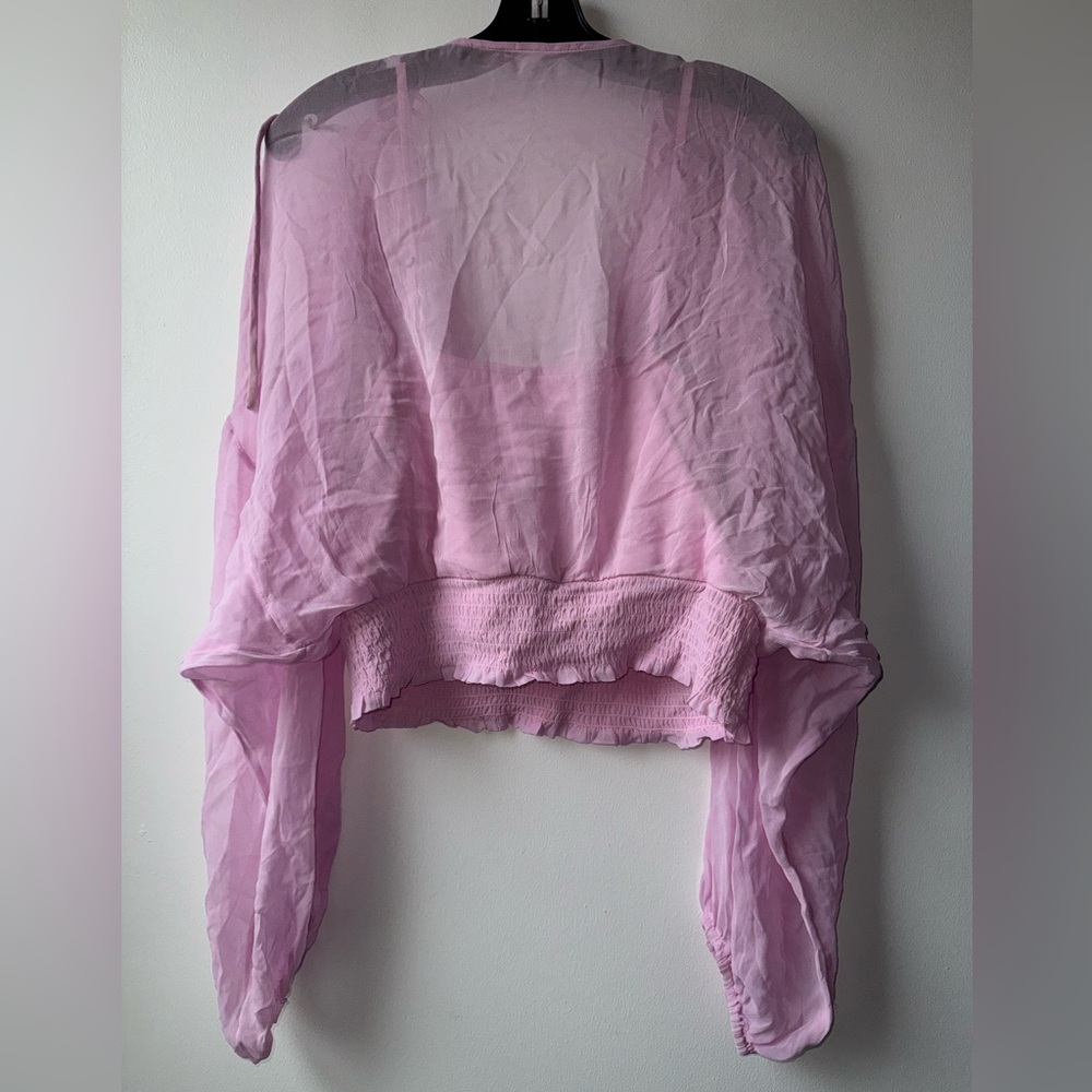 Anthropologie Pale Lilac Sheer Peasant Blouse with Smocked Waist - Picture 8 of 14